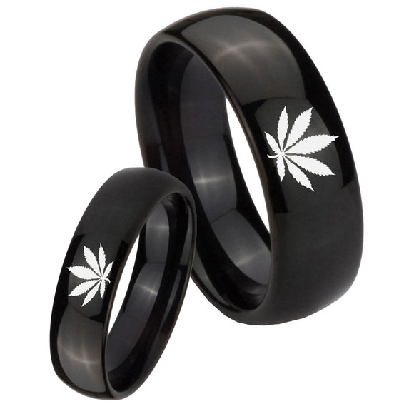Bride and Groom Marijuana Leaf Dome Black Tungsten Carbide Mens Ring Set