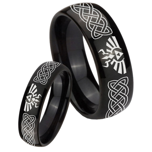 Bride and Groom Celtic Zelda Dome Black Tungsten Carbide Men's Ring Set