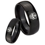 His Hers Skull Marijuana Leaf  Dome Black Tungsten Mens Ring Engraved Set