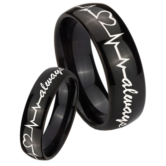 His Hers Heart Beat forever Heart always Dome Black Tungsten Mens Ring Set