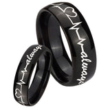 His Hers Heart Beat forever Heart always Dome Black Tungsten Mens Ring Set