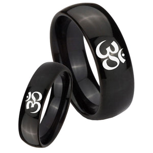 Bride and Groom Om Aum Yoga  Dome Black Tungsten Carbide Mens Wedding Band Set