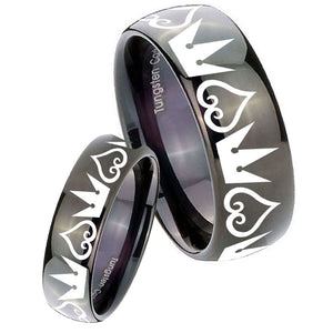 Bride and Groom Hearts and Crowns Dome Black Tungsten Mens Wedding Ring Set