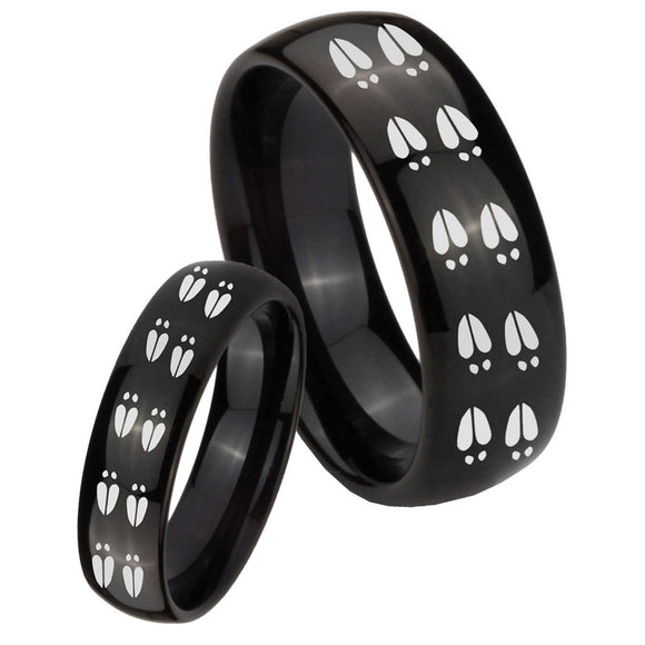 Bride and Groom Deer Tracks Dome Black Tungsten Carbide Men's Band Ring Set