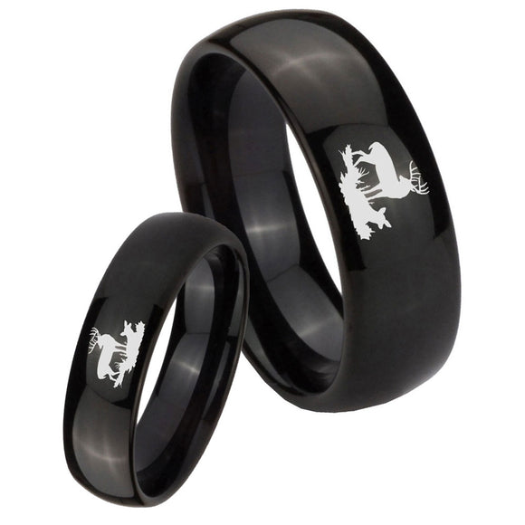 Bride and Groom Deer Hunting Dome Black Tungsten Carbide Mens Bands Ring Set