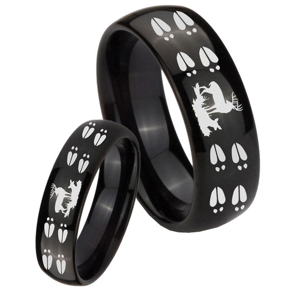 Bride and Groom Deer Hunting Tracks Dome Black Tungsten Men's Bands Ring Set