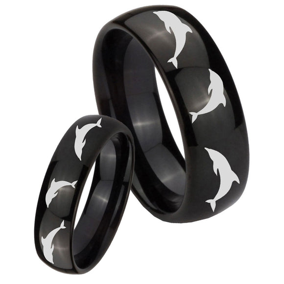 Bride and Groom Dolphins Dome Black Tungsten Carbide Mens Engagement Band Set