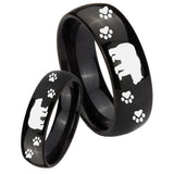 Bride and Groom Bear and Paw Dome Black Tungsten Mens Engagement Ring Set