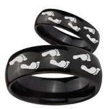 Bride and Groom Foot Print Dome Black Tungsten Carbide Men's Engagement Ring Set