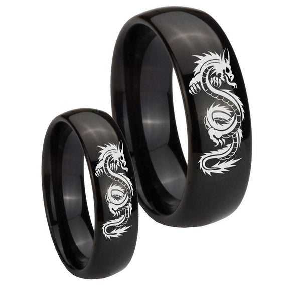 Bride and Groom Dragon Dome Black Tungsten Carbide Men's Ring Set