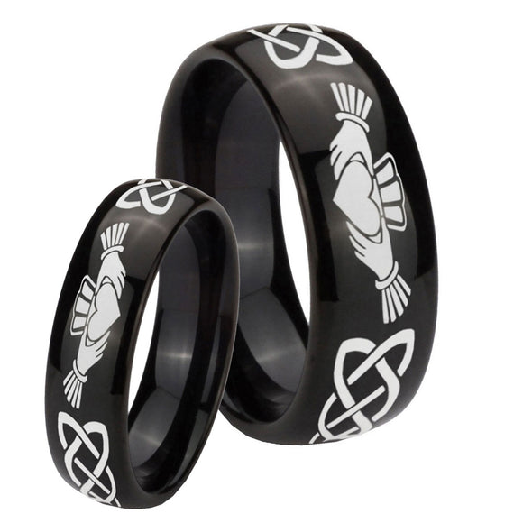 Bride and Groom Irish Claddagh Dome Black Tungsten Carbide Wedding Bands Ring Set