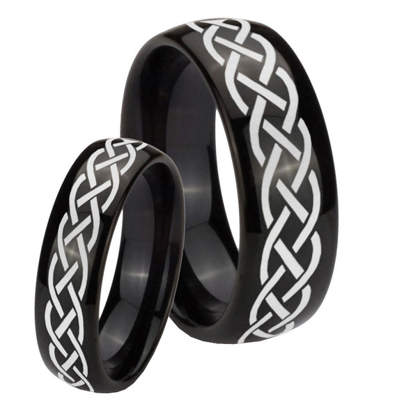 Bride and Groom Celtic Knot Dome Black Tungsten Men's Wedding Band Set
