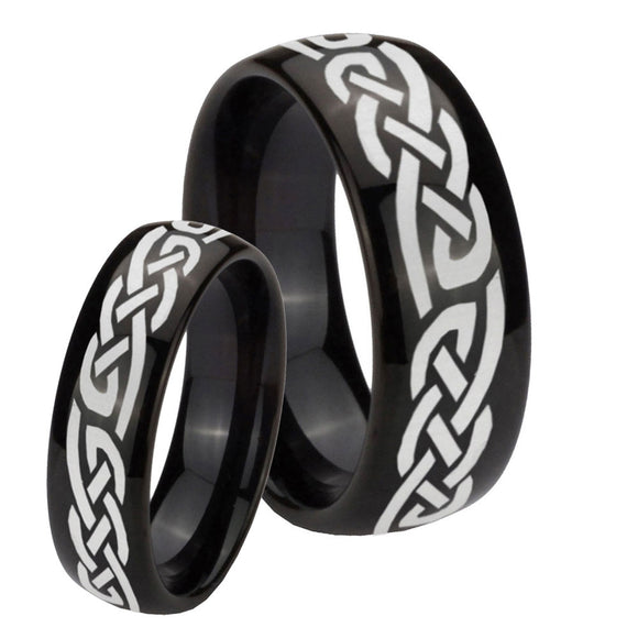 Bride and Groom Celtic Knot Infinity Love Dome Black Tungsten Men's Wedding Band Set