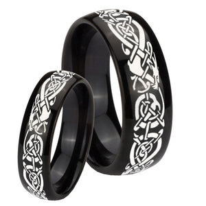 His Hers Celtic Knot Dragon Dome Black Tungsten Wedding Engagement Ring Set