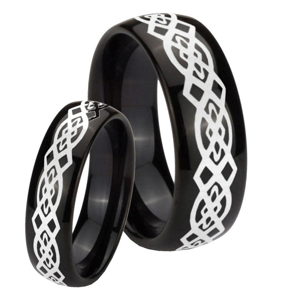 Bride and Groom Celtic Knot Dome Black Tungsten Carbide Anniversary Ring Set