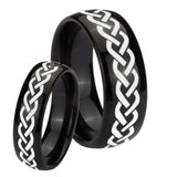 Bride and Groom Laser Celtic Knot Dome Black Tungsten Men's Wedding Band Set