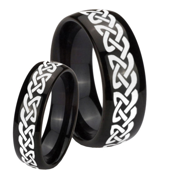 Bride and Groom Celtic Knot Love Dome Black Tungsten Men's Wedding Band Set