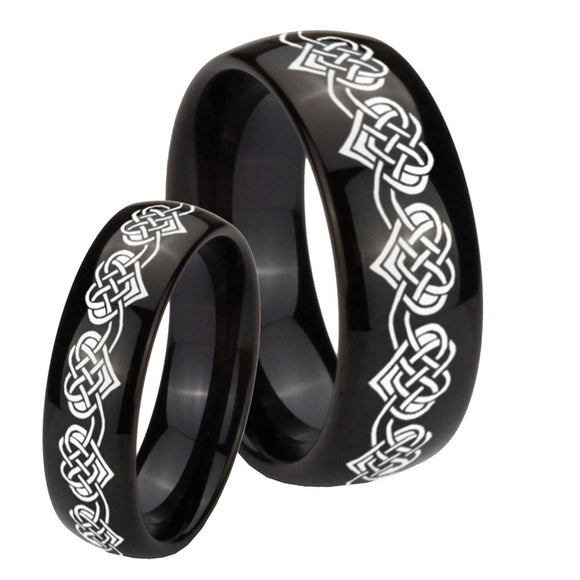Bride and Groom Celtic Knot Heart Dome Black Tungsten Men's Wedding Band Set