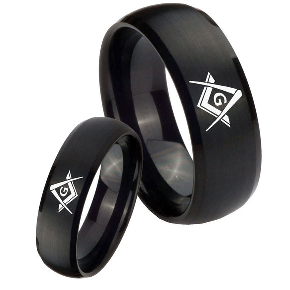 His Hers Freemason Masonic Dome Brush Black Tungsten Mens Ring Personalized Set