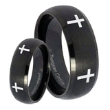 Bride and Groom Crosses Dome Brush Black Tungsten Carbide Wedding Bands Ring Set
