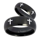 Bride and Groom Crosses Dome Brush Black Tungsten Carbide Wedding Bands Ring Set