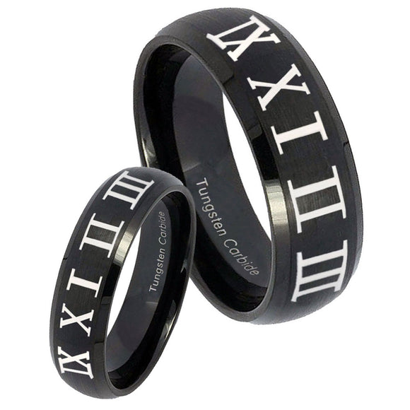 His and Hers Roman Numeral Dome Brush Black Tungsten Men's Promise Rings Set