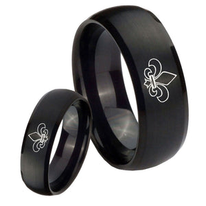 His Hers Fleur De Lis Dome Brush Black Tungsten Mens Ring Personalized Set