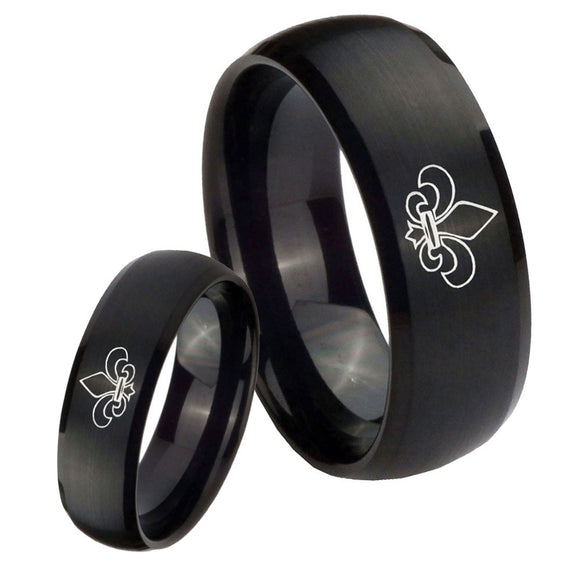 His Hers Fleur De Lis Dome Brush Black Tungsten Mens Ring Personalized Set