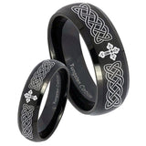 His Hers Celtic Cross Dome Brush Black Tungsten Wedding Engagement Ring Set