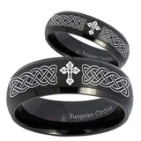 His Hers Celtic Cross Dome Brush Black Tungsten Wedding Engagement Ring Set