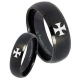 Bride and Groom Maltese Cross Dome Brush Black Tungsten Carbide Mens Ring Set