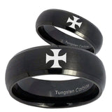 Bride and Groom Maltese Cross Dome Brush Black Tungsten Carbide Mens Ring Set