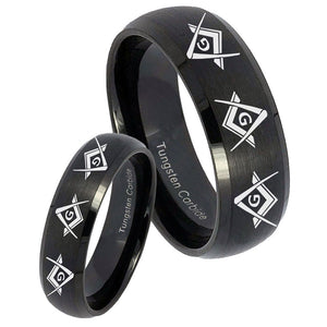 His and Hers Master Mason Masonic  Dome Brush Black Tungsten Bands Ring Set