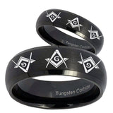 His and Hers Master Mason Masonic  Dome Brush Black Tungsten Bands Ring Set