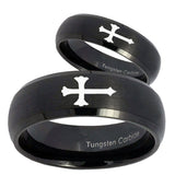 Bride and Groom Christian Cross Dome Brush Black Tungsten Engagement Ring Set