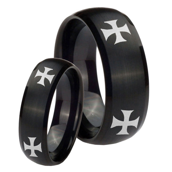 His Hers 4 Maltese Cross Dome Brush Black Tungsten Mens Ring Personalized Set