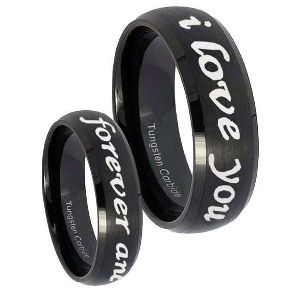 His Hers I Love You Forever and ever Dome Brush Black Tungsten Men Ring Set