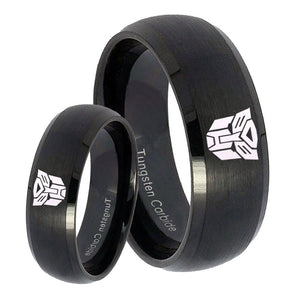 His Hers Transformers Autobot Dome Brush Black Tungsten Mens Wedding Ring Set