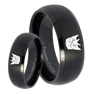 His Hers Decepticon Transformers Dome Brush Black Tungsten Mens Wedding Band Set