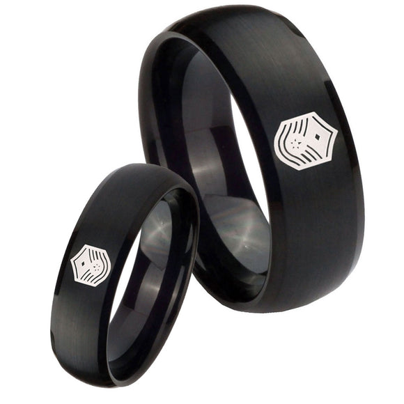 His Hers Chief Master Sergeant Vector Dome Brush Black Tungsten Rings Set