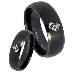 Bride and Groom Marine Dome Brush Black Tungsten Carbide Personalized Ring Set