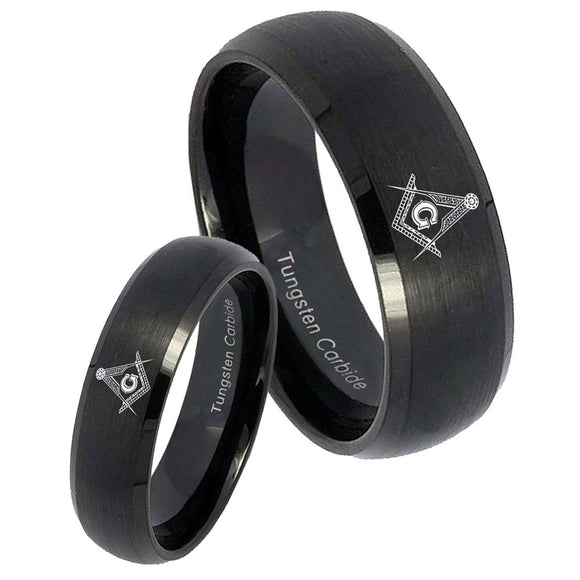 His Hers Master Mason Dome Brush Black Tungsten Wedding Engraving Ring Set