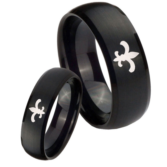 Bride and Groom Fleur De Lis Dome Brush Black Tungsten Anniversary Ring Set