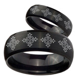 His and Hers Multiple Crosses Dome Brush Black Tungsten Mens Bands Ring Set