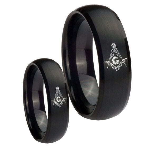 His Hers Master Mason Masonic Dome Brush Black Tungsten Men's Bands Ring Set