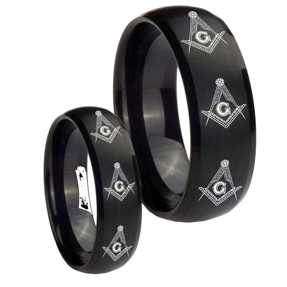 His Hers Multiple Master Mason Masonic Dome Brush Black Tungsten Engraving Ring Set