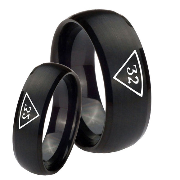 Bride and Groom Masonic 32 Triangle Freemason Dome Brush Black Tungsten Carbide Wedding Bands Ring Set