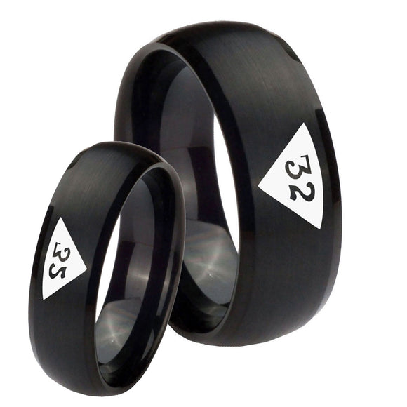 Bride and Groom Masonic 32 Triangle Design Freemason Dome Brush Black Tungsten Carbide Wedding Bands Ring Set