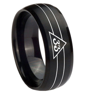 10mm Masonic 32 Duo Line Freemason Dome Brush Black Tungsten Carbide Men's Wedding Band