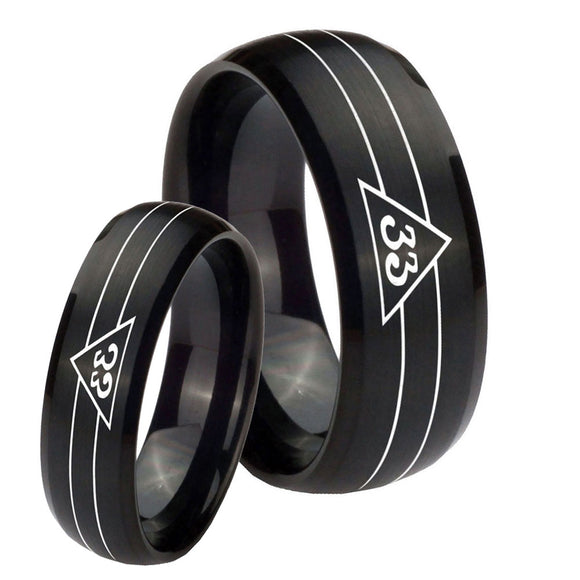 Bride and Groom Masonic 32 Duo Line Freemason Dome Brush Black Tungsten Carbide Wedding Bands Ring Set